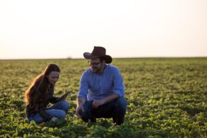 a man in a hat, and a woman crouch in a field of crops as they discuss their need to hire a freelance writer